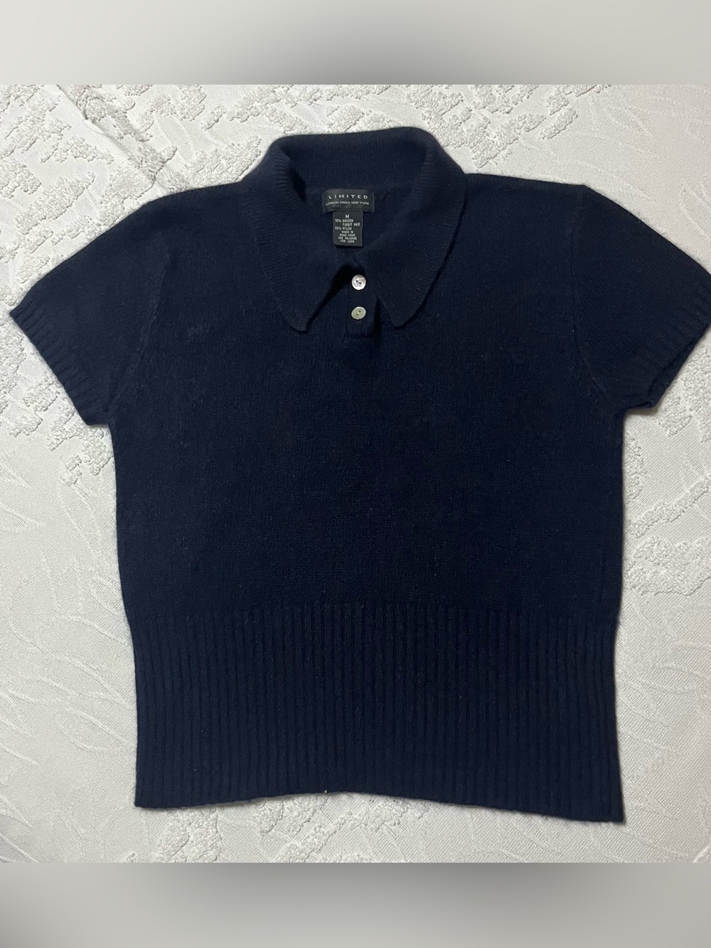 Limited Navy Short-Sleeve Polo Sweater Angora Rabbit Hair